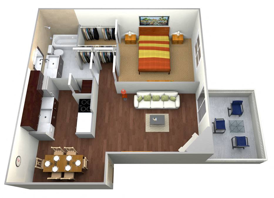 Floor plan for 1 bed, 1 bath, 727 sqft